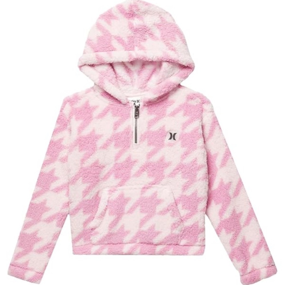 Hurley Girls' Sherpa Quarter-Zip Pullover Hoodie In Arctic Pink Houndstooth Sz 6